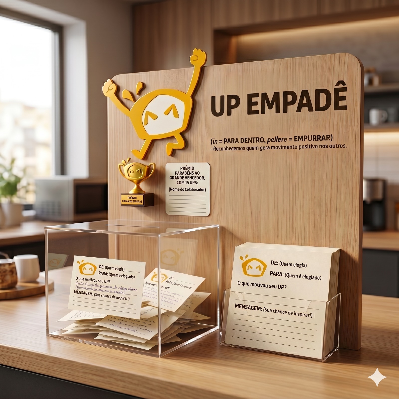 Up Empadê — caixa coletora com cartões, troféu e mascote